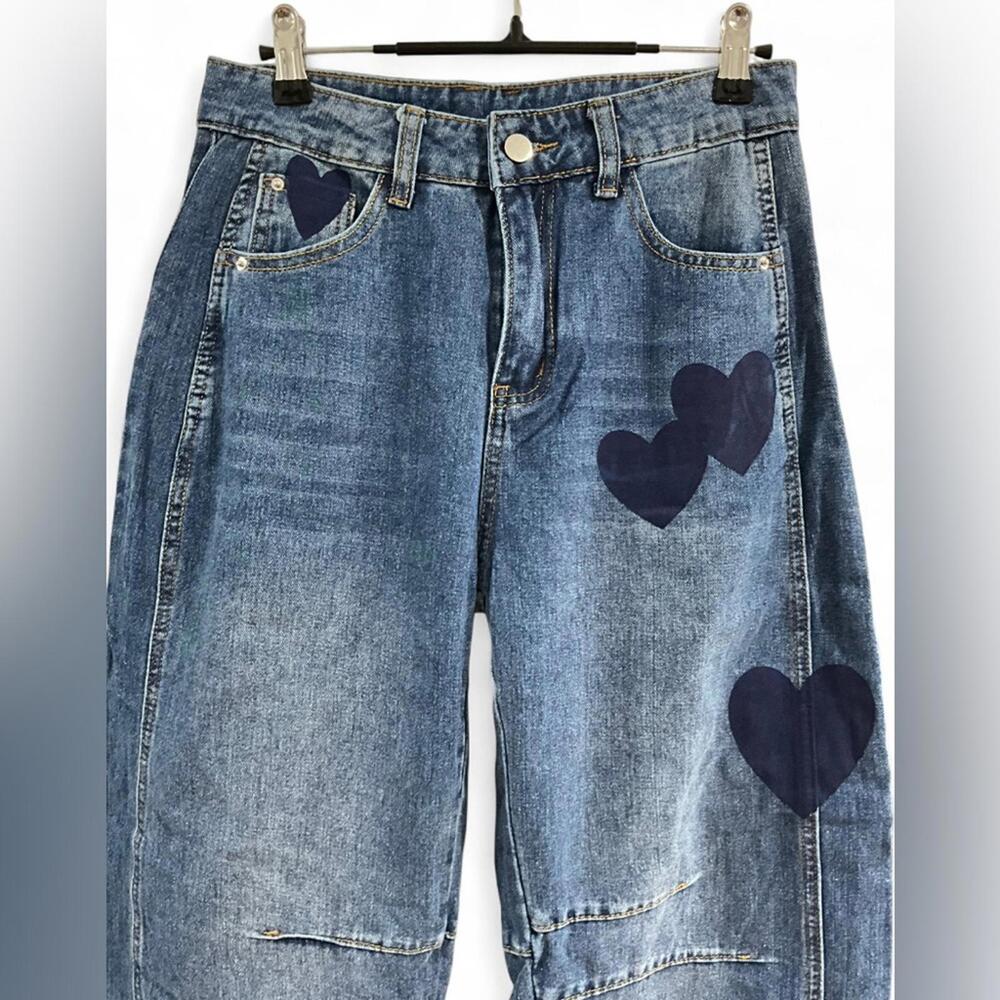 NEW BARREL Y2K Streetwear SZ S High Rise Slouchy Cropped Denim Heart Jeans Pants - Picture 8 of 9